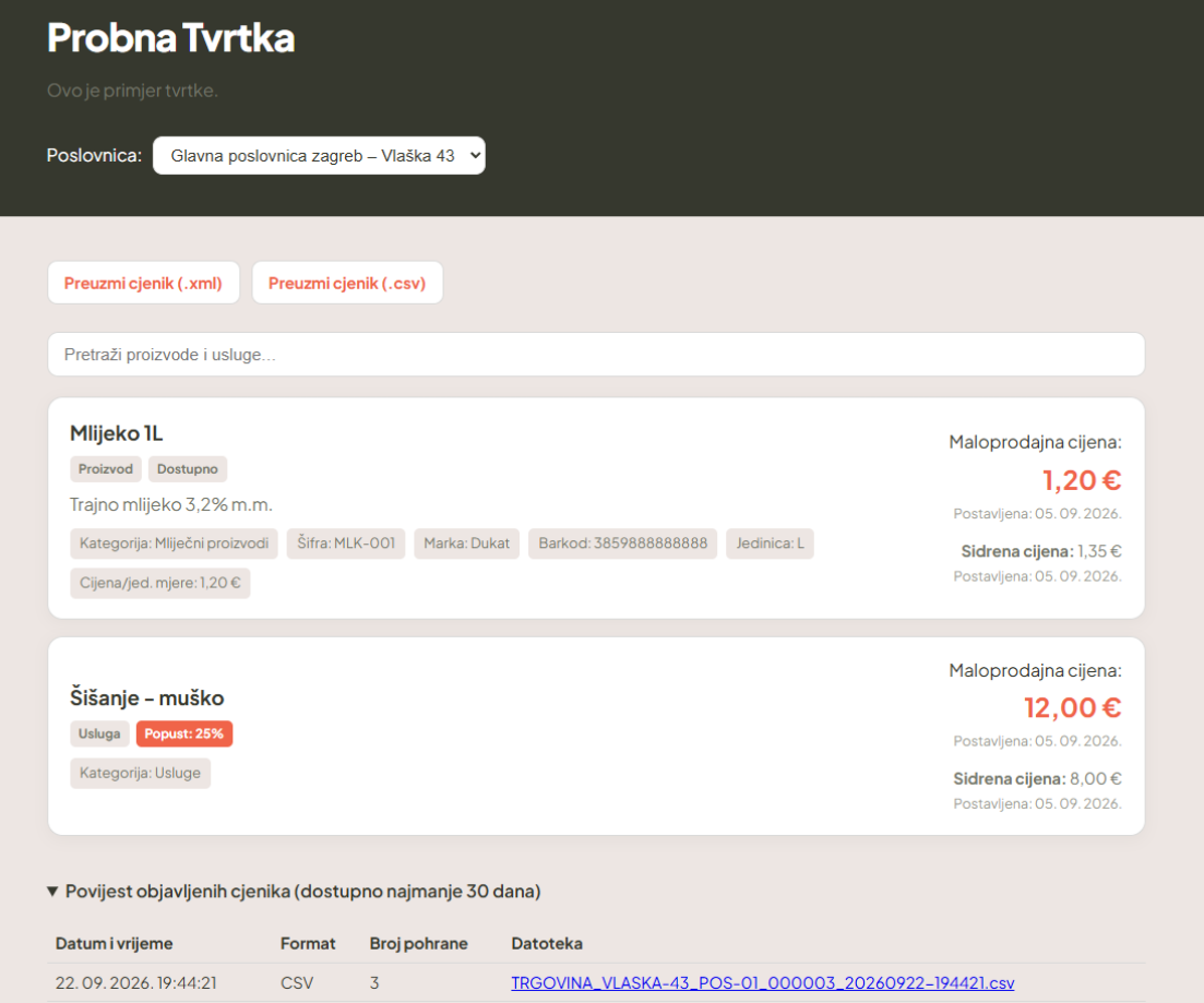 Primjer izgleda Basic cjenika