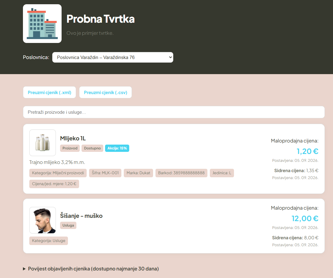 Primjer izgleda Pro cjenika